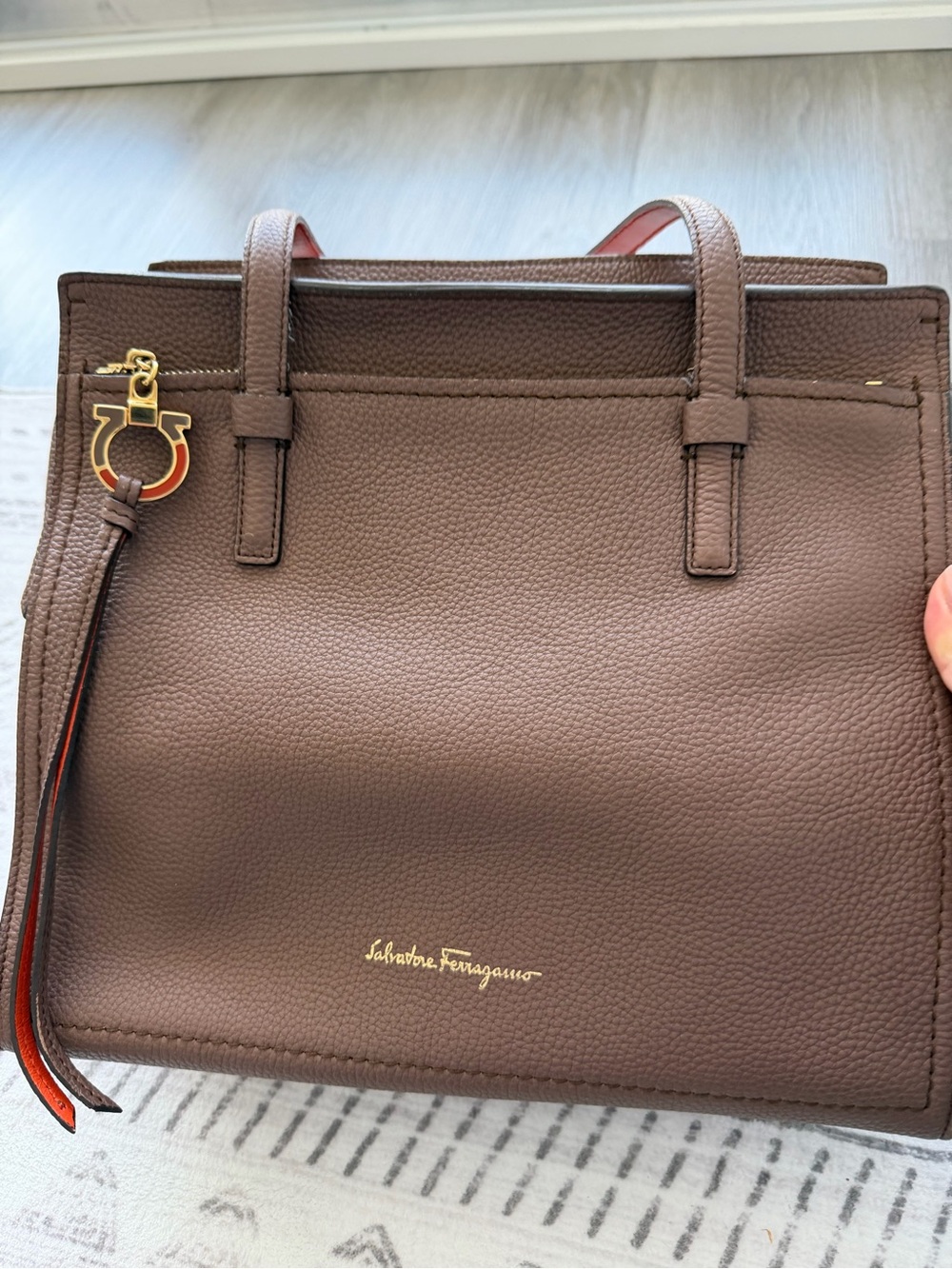 Salvatore Ferragamo Amy Leather Tote Bag Taupe Brown Orange Made in Italy - Picture 2 of 14